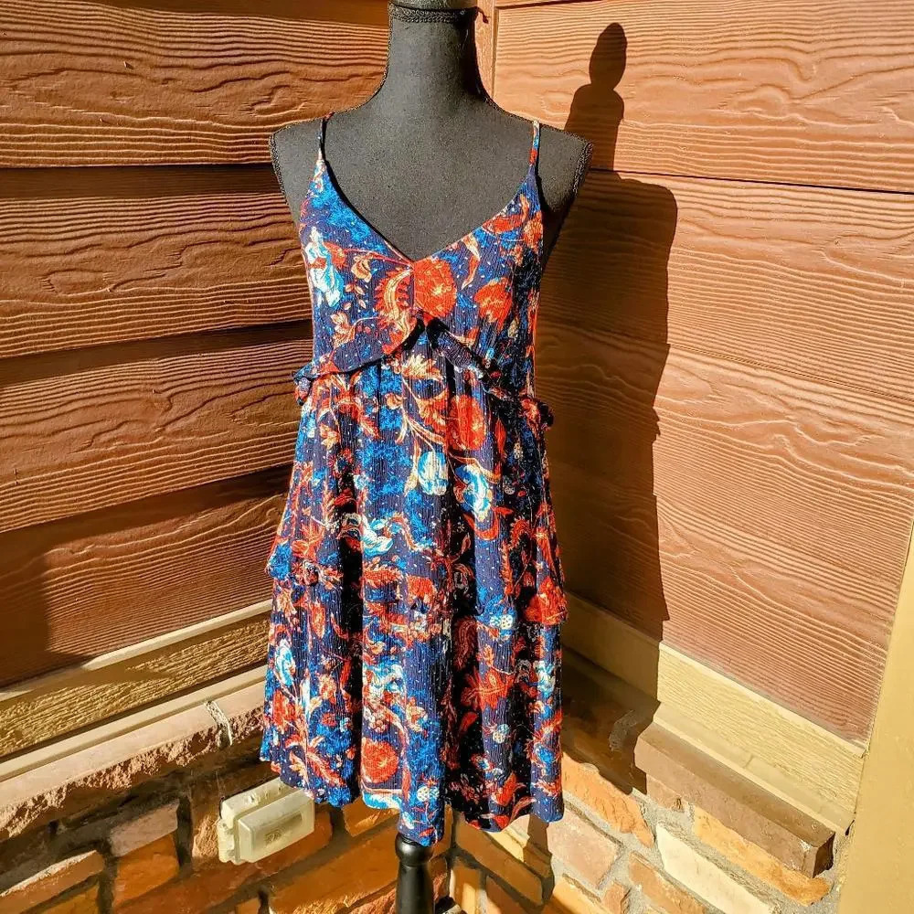 Express Blue & Orange Floral Babydoll Mini Dress Sleeveless Size Small